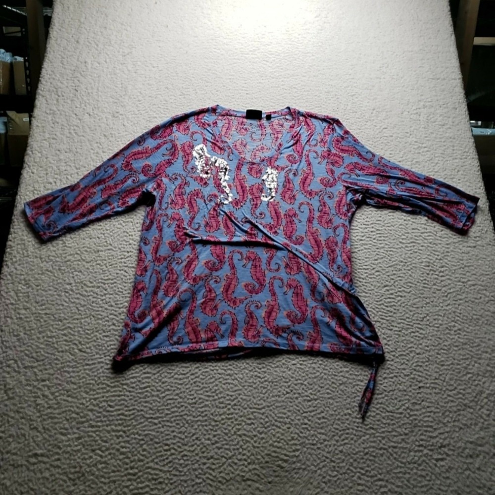 Onque Casuals Blouse Womens Plus 2X Blue Scoop Neck 3/4 Sleeve Seahorse Top